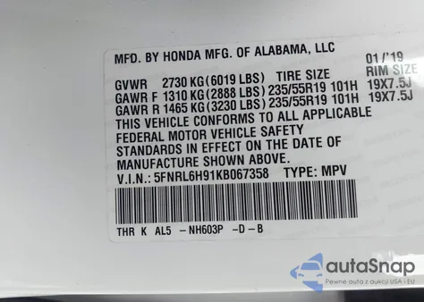 2019 Honda Odyssey Elite z USA, uszkodzony, nr VIN 5FNRL6H91KB067358